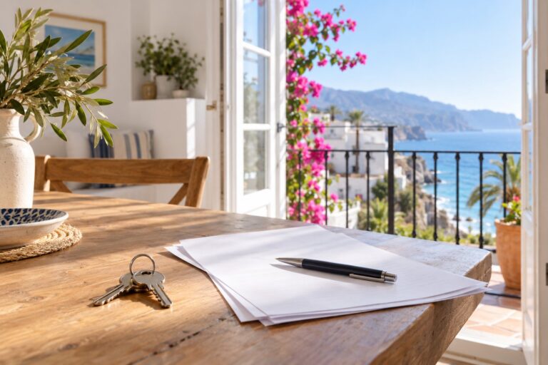 Llaves y contrato de alquiler sobre una mesa de un apartamento encalado con balcón al mar en Nerja
