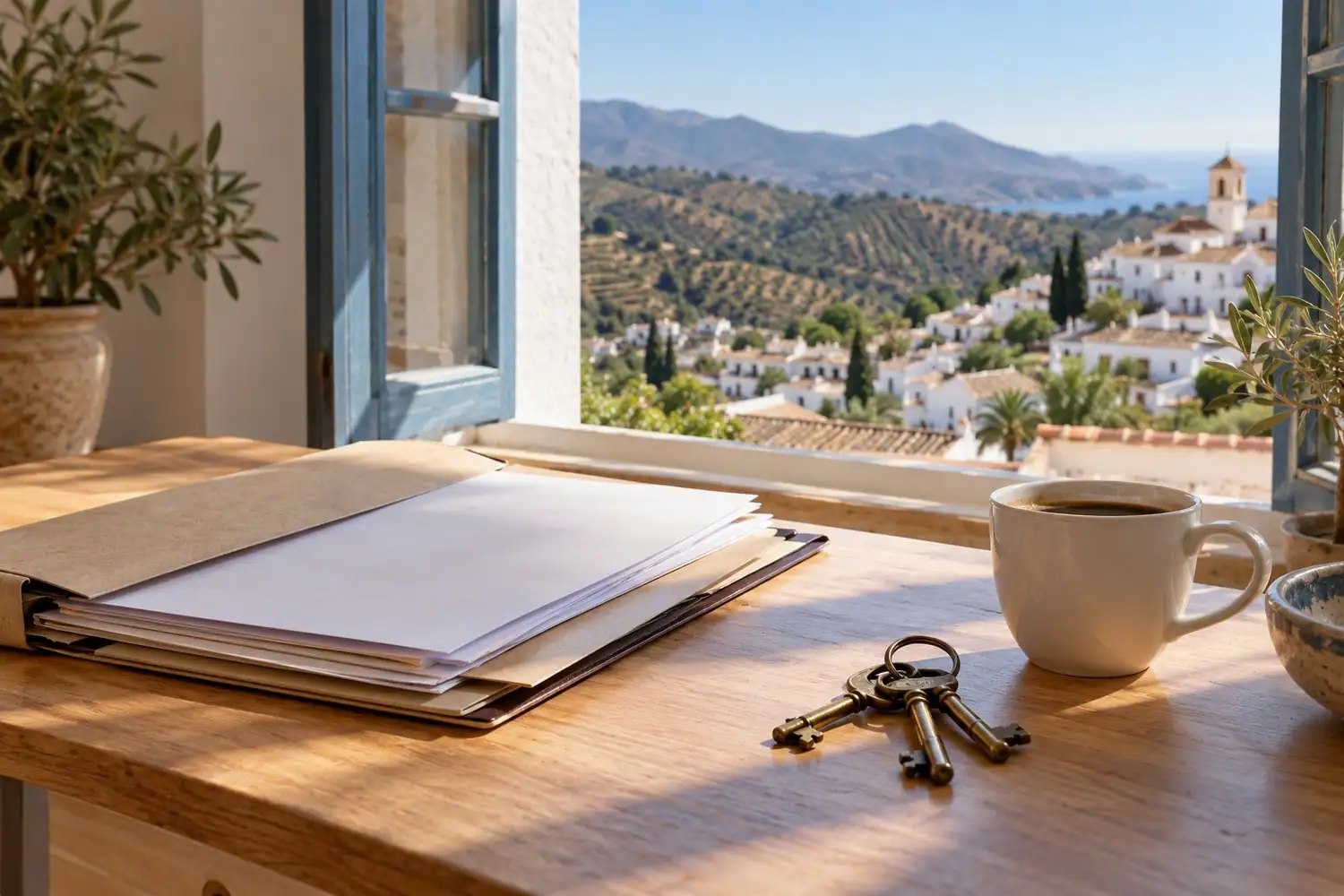 Impuesto de sucesiones en Andalucía: cuánto se paga al heredar 1 - abogado Nerja, abogado Torrox, abogado Velez Malaga, abogado Torre del Mar Escritorio con documentos de una herencia y llaves junto a una ventana con vistas a un pueblo blanco de la Axarquía