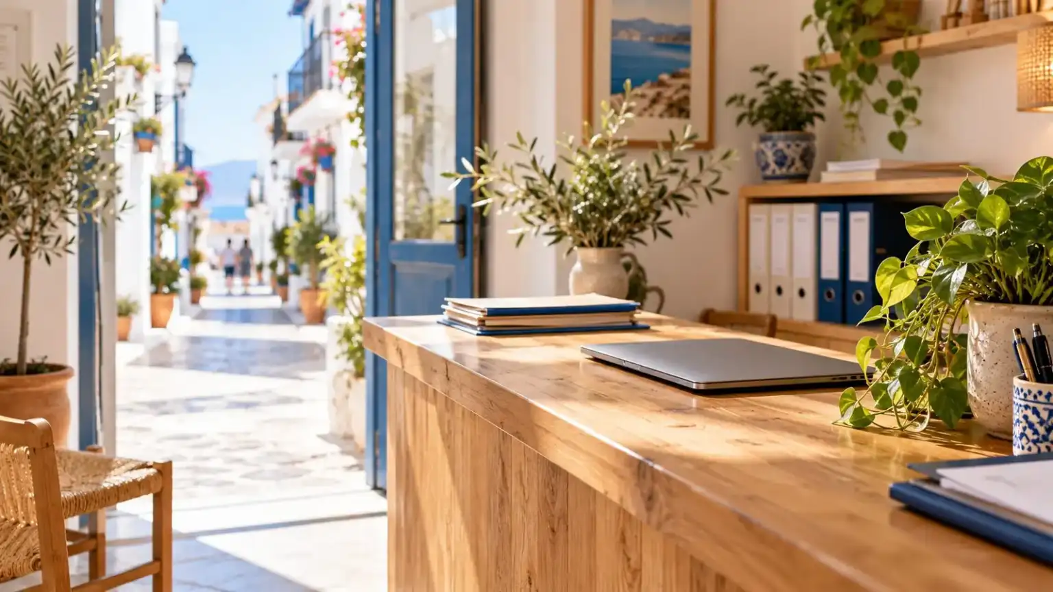 Professionals and companies 1 - abogado Nerja, abogado Torrox, abogado Velez Malaga, abogado Torre del Mar Office desk with contracts, folders and a laptop, with light from the Axarquía coast coming in through the window