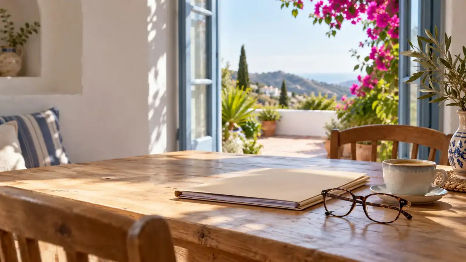 Individuals 1 - abogado Nerja, abogado Torrox, abogado Velez Malaga, abogado Torre del Mar Office desk with documents, glasses and a folder in the natural light of the Axarquía