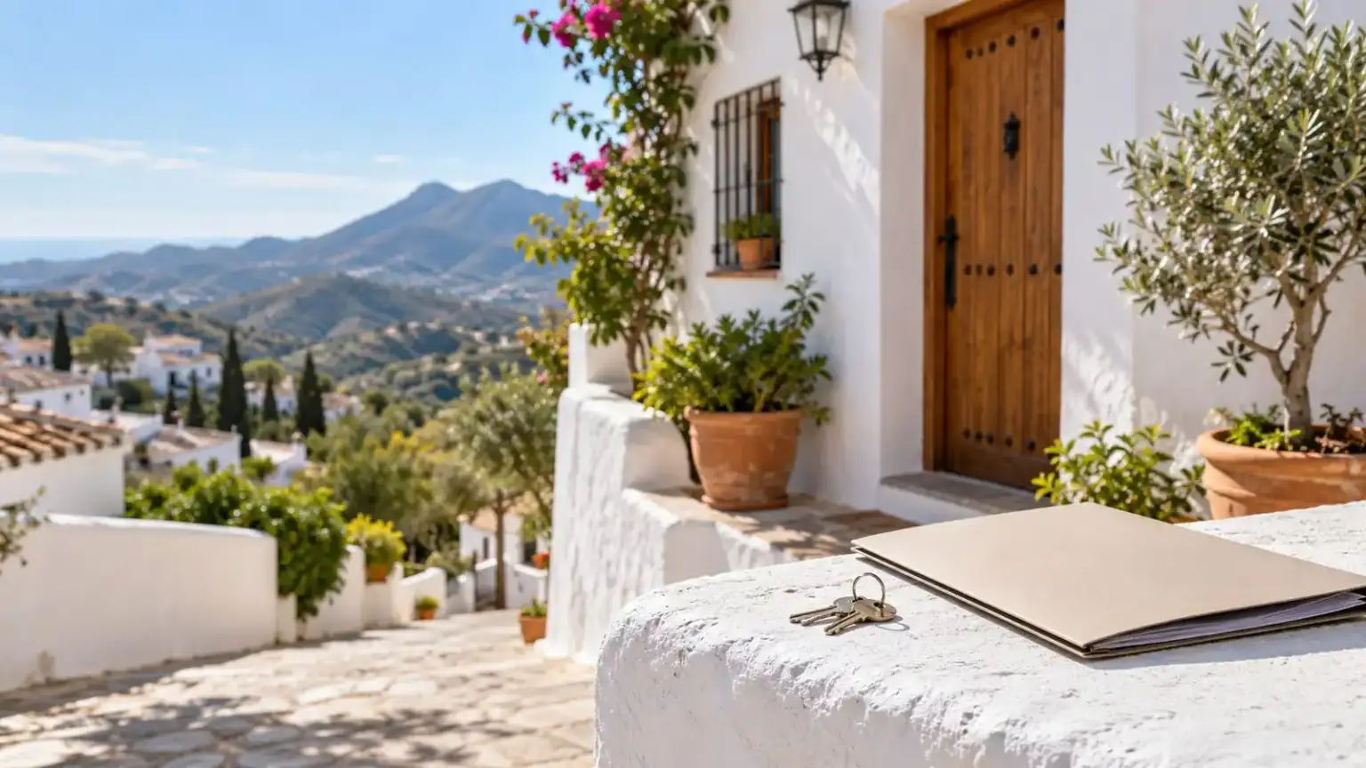 Keys and a property deed on a table, with a white Axarquía village in the background