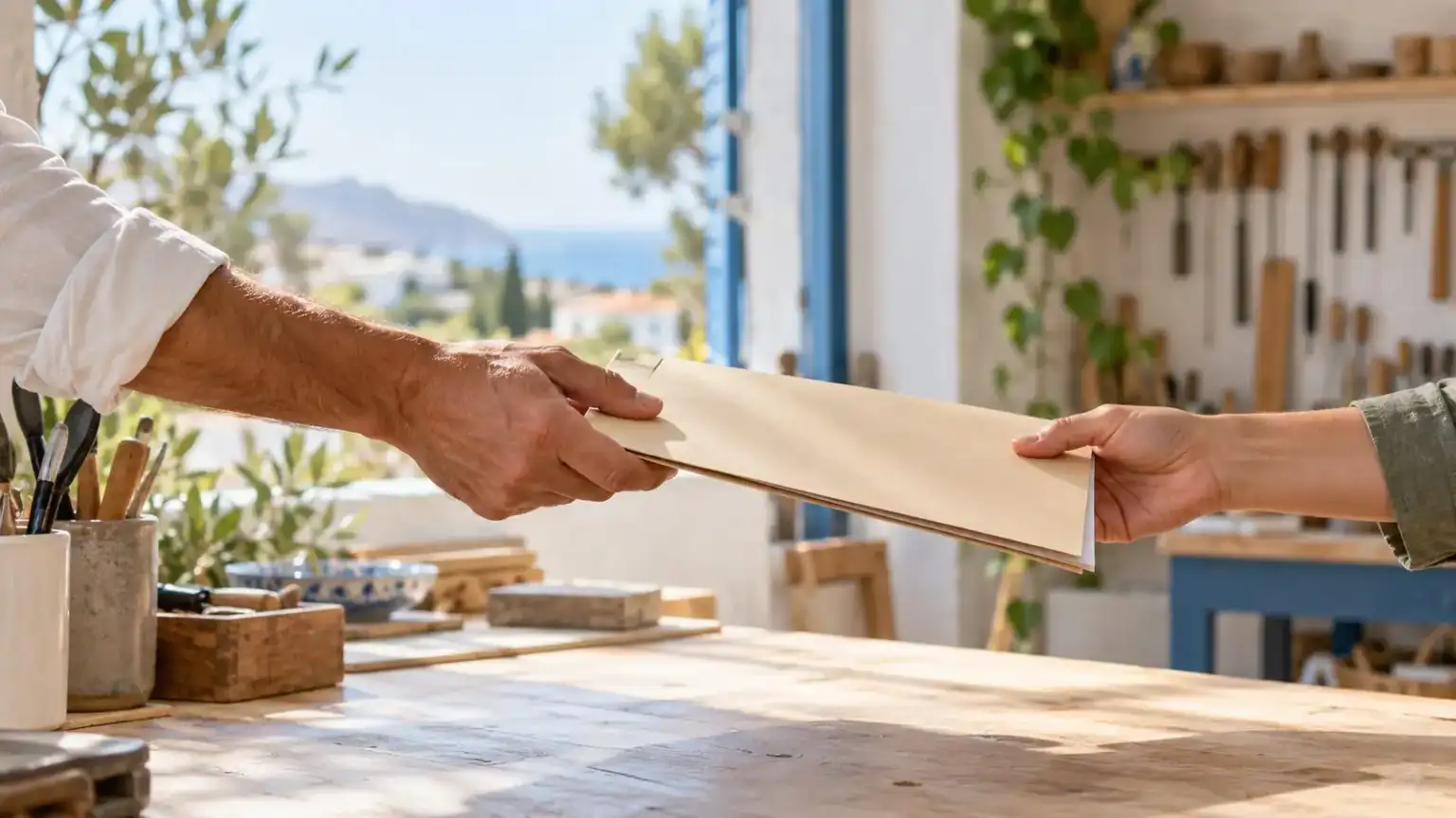 Management of contracts with partners 1 - abogado Nerja, abogado Torrox, abogado Velez Malaga, abogado Torre del Mar A desk with a collaboration agreement, building plans and a hard hat in an office in the Axarquía
