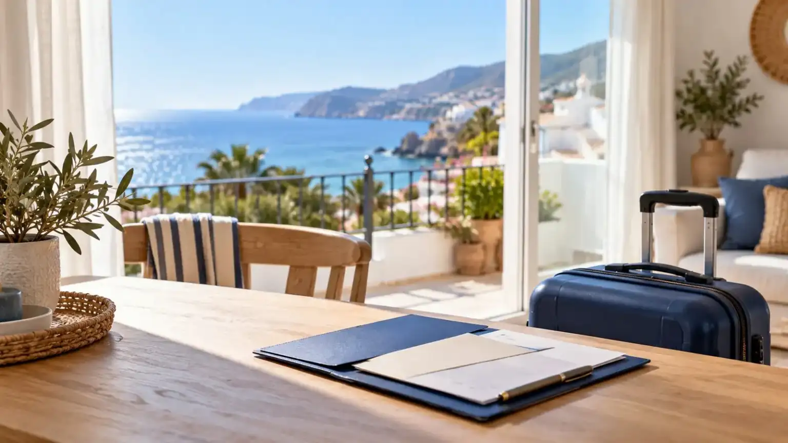 Management of EU citizens' residence. 1 - abogado Nerja, abogado Torrox, abogado Velez Malaga, abogado Torre del Mar European passport and application documents on a table, with a view of the Axarquía coast in the background