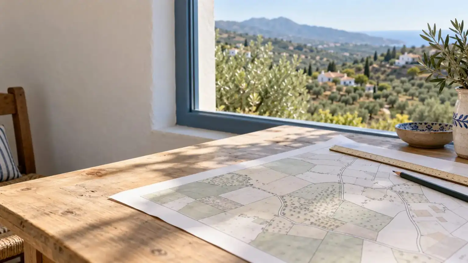 Land Registry and Cadastre entries 1 - abogado Nerja, abogado Torrox, abogado Velez Malaga, abogado Torre del Mar Cadastral maps and property deeds spread out on an office desk
