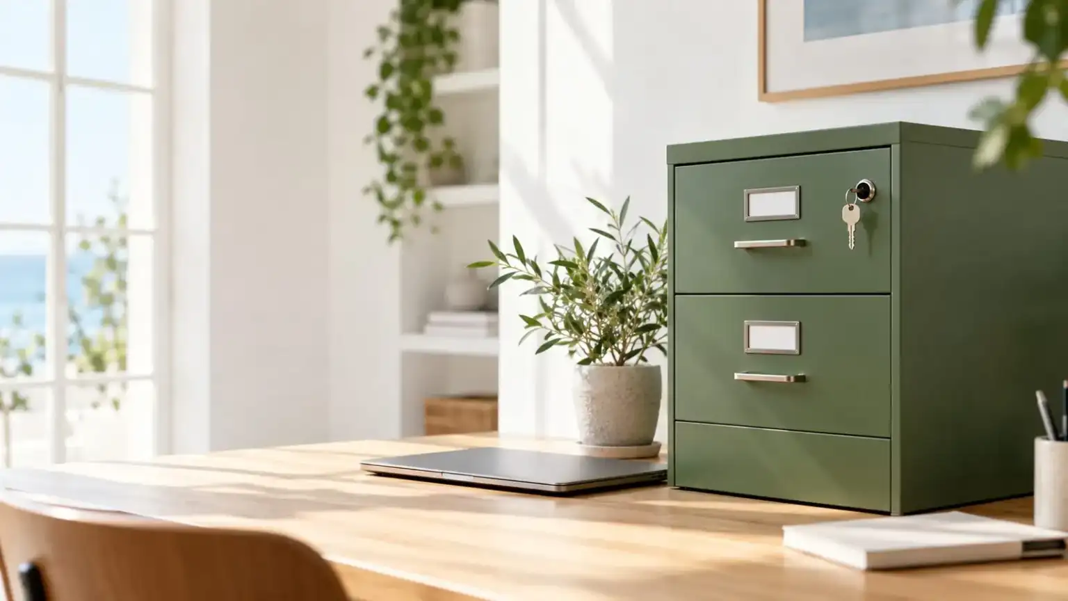 Data protection 1 - abogado Nerja, abogado Torrox, abogado Velez Malaga, abogado Torre del Mar A laptop with a padlock and filing cabinets holding customer records in an office