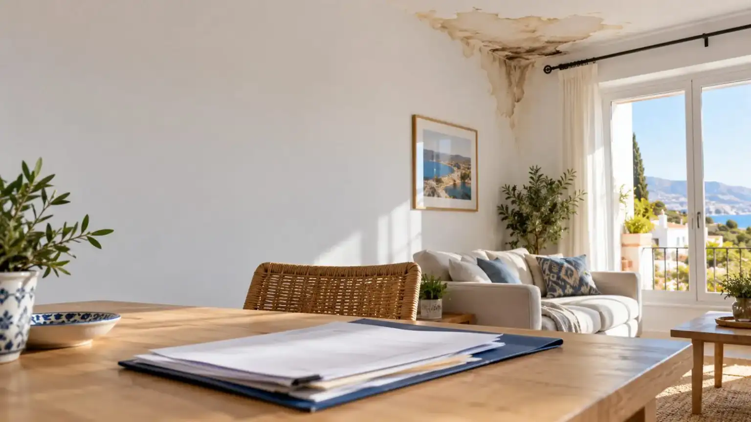 Open insurance policy on a table, next to a pair of glasses and a folder of documents