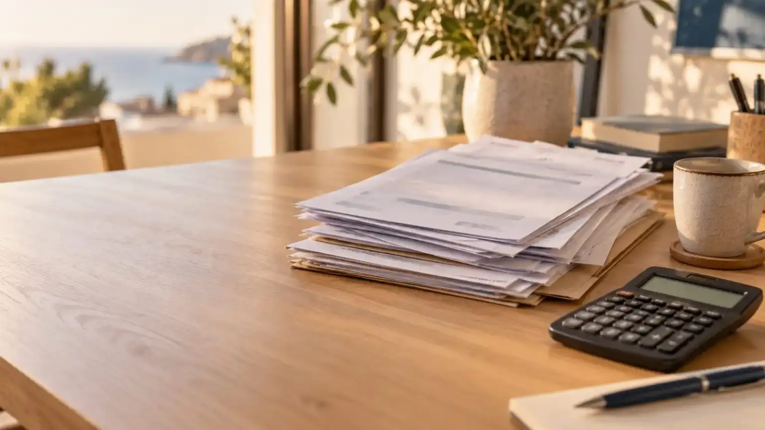 Debt claims 1 - abogado Nerja, abogado Torrox, abogado Velez Malaga, abogado Torre del Mar Unpaid invoices, a burofax and a calculator on a desk in a law office
