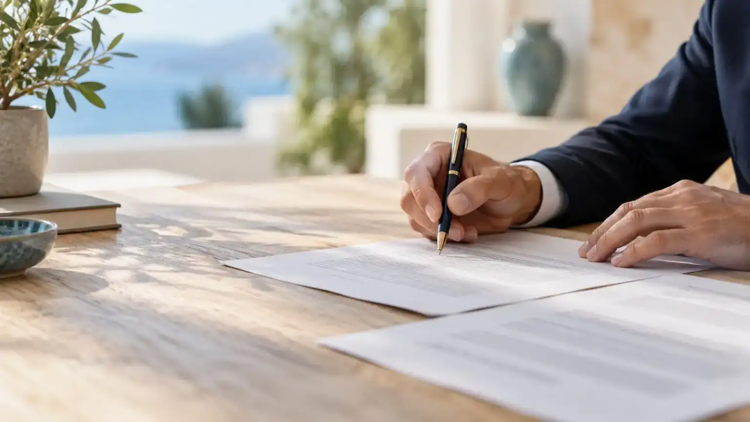 A printed contract with underlined clauses, a pen and a pair of glasses on an office desk