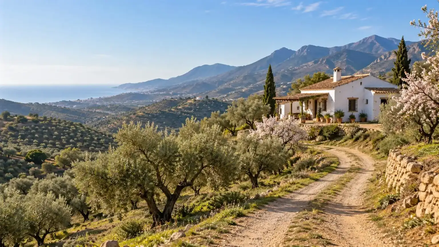 Regularisation / Housing Legislation 1 - abogado Nerja, abogado Torrox, abogado Velez Malaga, abogado Torre del Mar White country house among olive trees and Axarquía hillsides, with the sea in the background